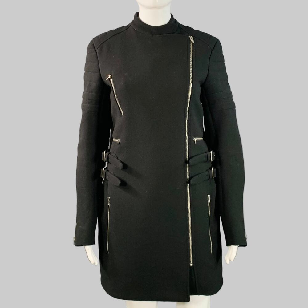 CELINE Size 4 Black Wool Zippers Detail Bondage Coat